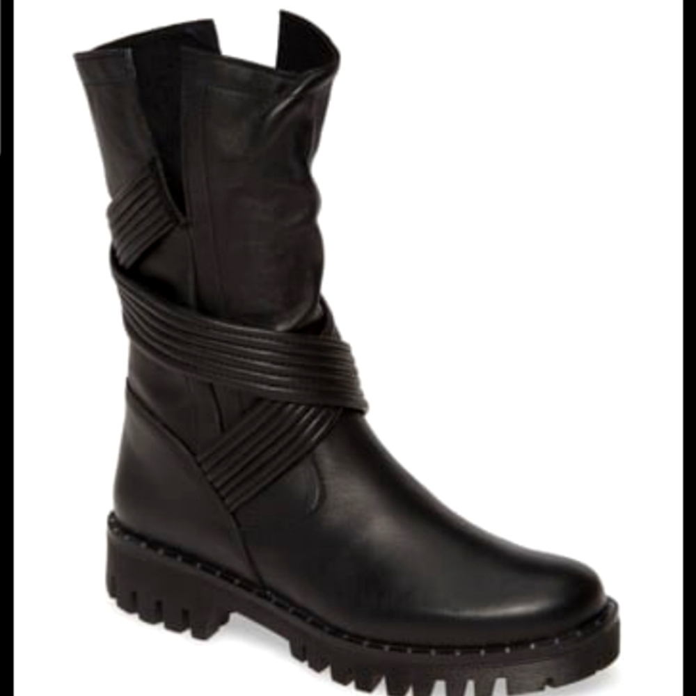 Sheridan Mia Noon Black Leather Combat Moto Biker Boots Straps Criss Cross